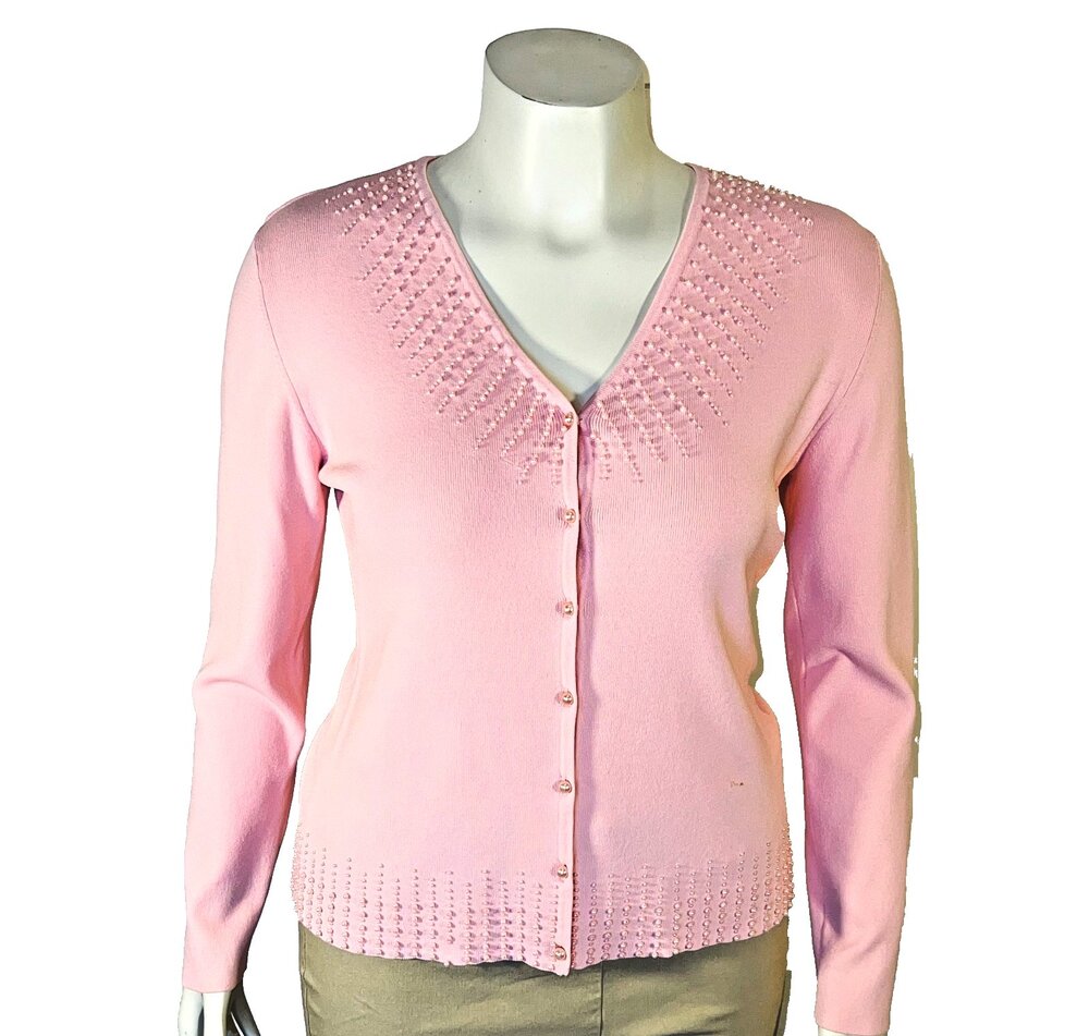 Belldini Cardigan Sweater Women's L Pink Pearl Beaded VNeck Button Front